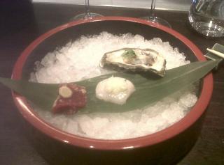 Oyster, Scallop and Gorgonzola-marinated tuna